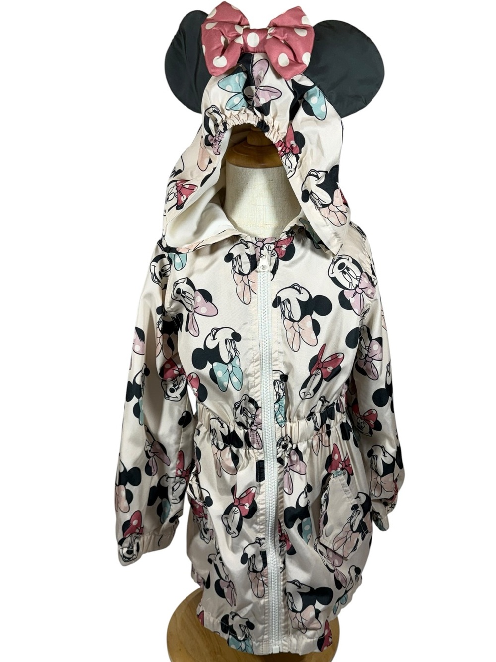 Girls Cream Minnie Mouse Hooded coat with Pink Bow Accents
